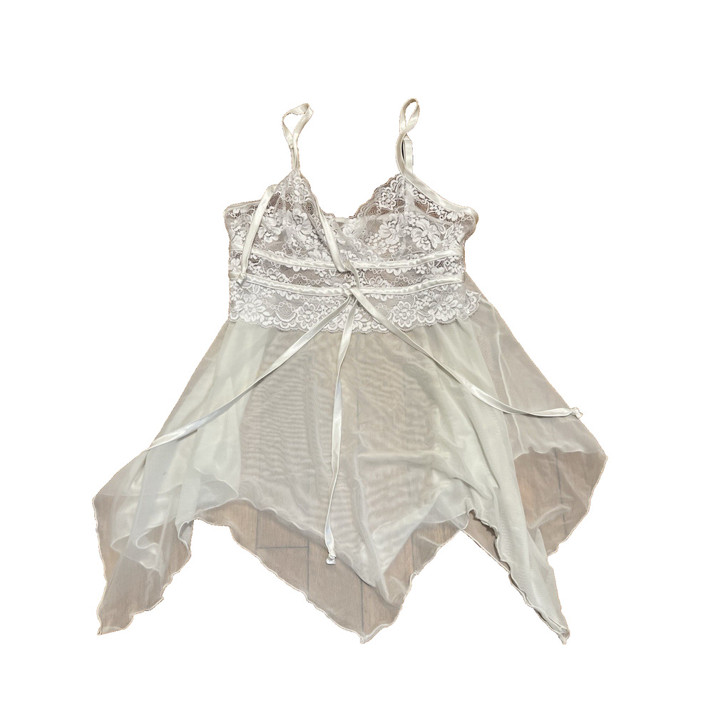 Fredericks Of Hollywood White Lace Sheer Babydoll Lingerie Rhinestones M A003124